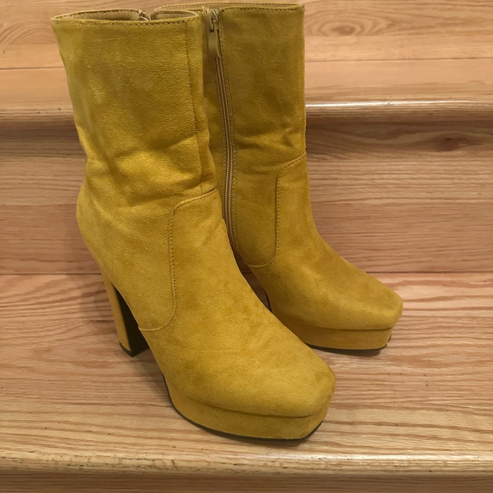 Forever 21 Mustard Yellow Suede Platform Mid-Calf Boots